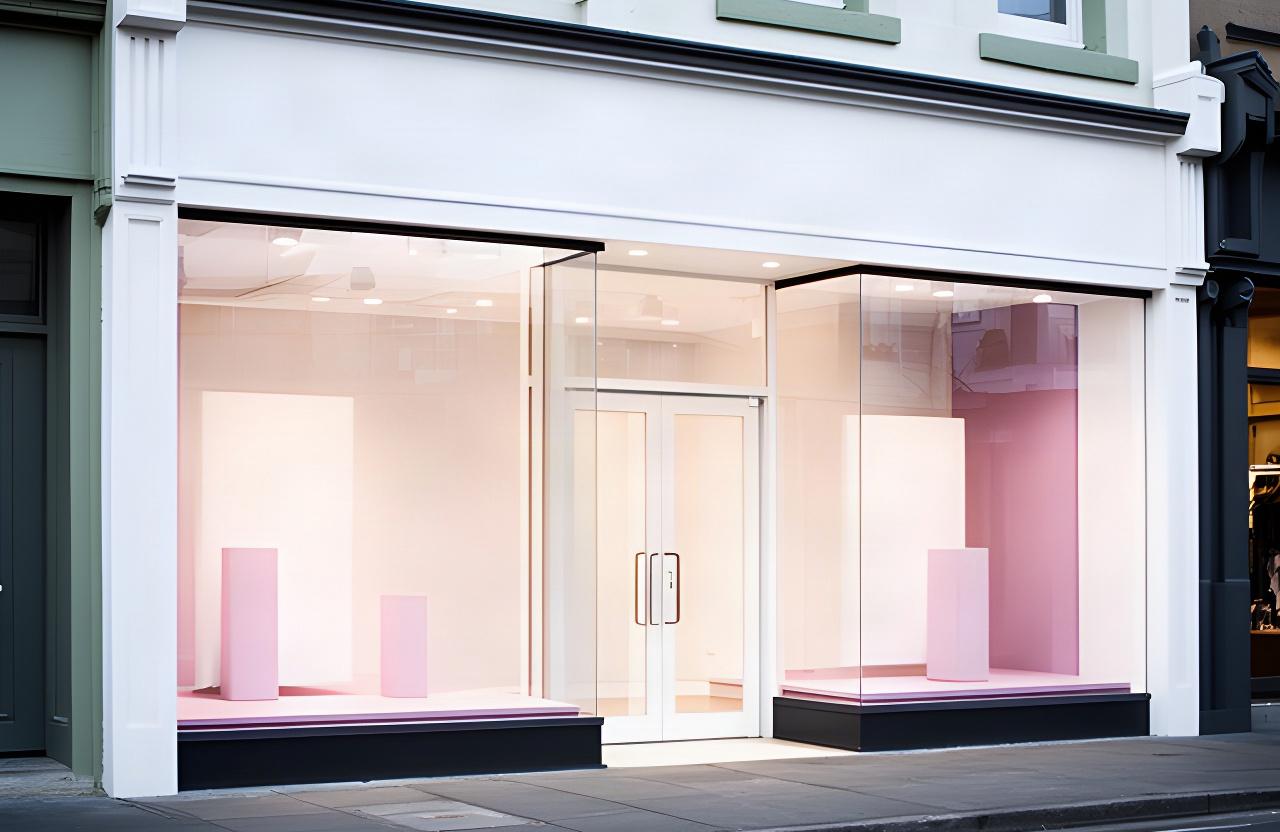 Clean retail shopfront on a Newcastle street before opening, with clear display windows and polished glass entry doors