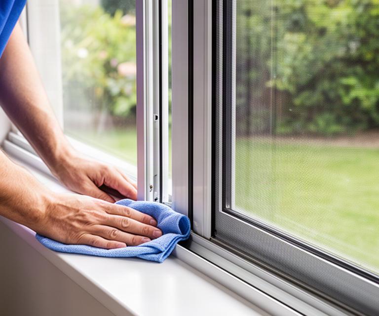Residential window cleaner wiping a clean sill beside a freshly washed flyscreen and sliding glass door