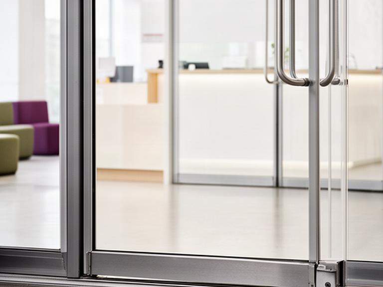 Close view of a freshly cleaned commercial glass entry with clear door panels, tidy metal frames and a reception partition beyond