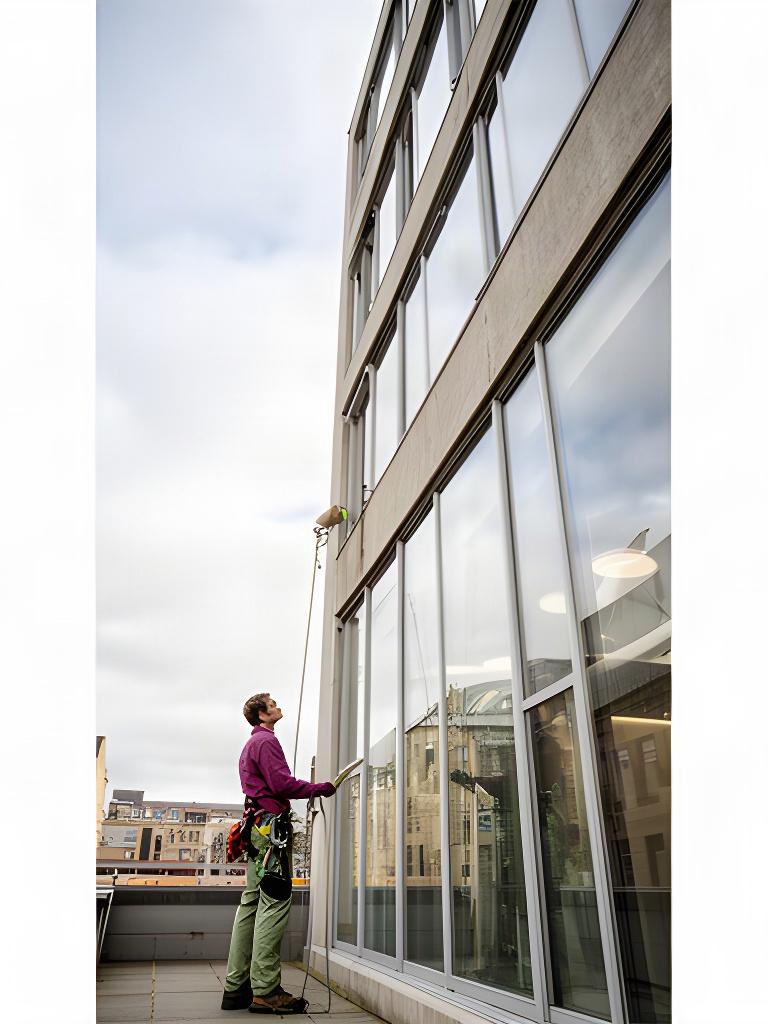 Window cleaner assessing tall exterior glazing beside a multi-storey Newcastle building