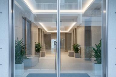 Apartment common-area entrance glass cleaned with the building lobby visible through it