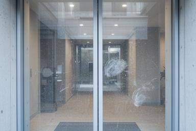 Shared apartment entrance glass with dust and marks before routine maintenance cleaning