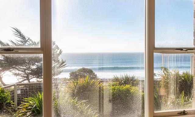 Coastal Newcastle house windows facing a bright ocean-side garden with salt haze visible on the glass