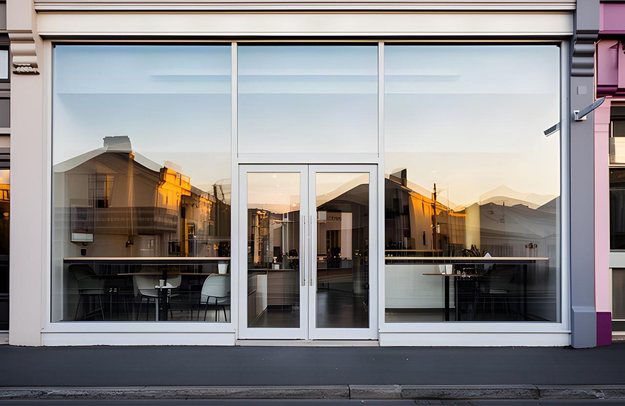 Newcastle cafe frontage with broad clear street-facing windows and glass entry doors before the morning opening
