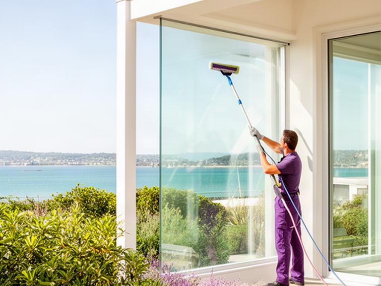 Bright Newcastle waterfront home with a cleaner finishing a large exterior window beside a leafy garden