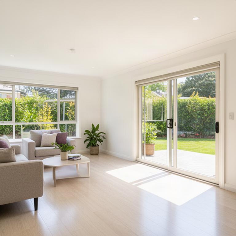 Bright Newcastle home interior with clean sliding glass doors, neat window frames and daylight falling across a prepared living room
