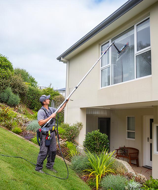 Window cleaner using a water-fed pole to reach upper-storey glazing at a Newcastle home with a sloping garden
