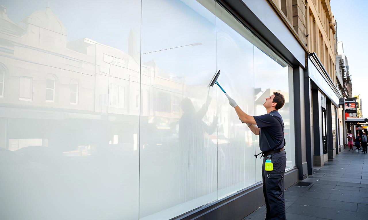 Window cleaner washing broad shopfront glass on a Newcastle street, with the clear pane reflecting nearby buildings