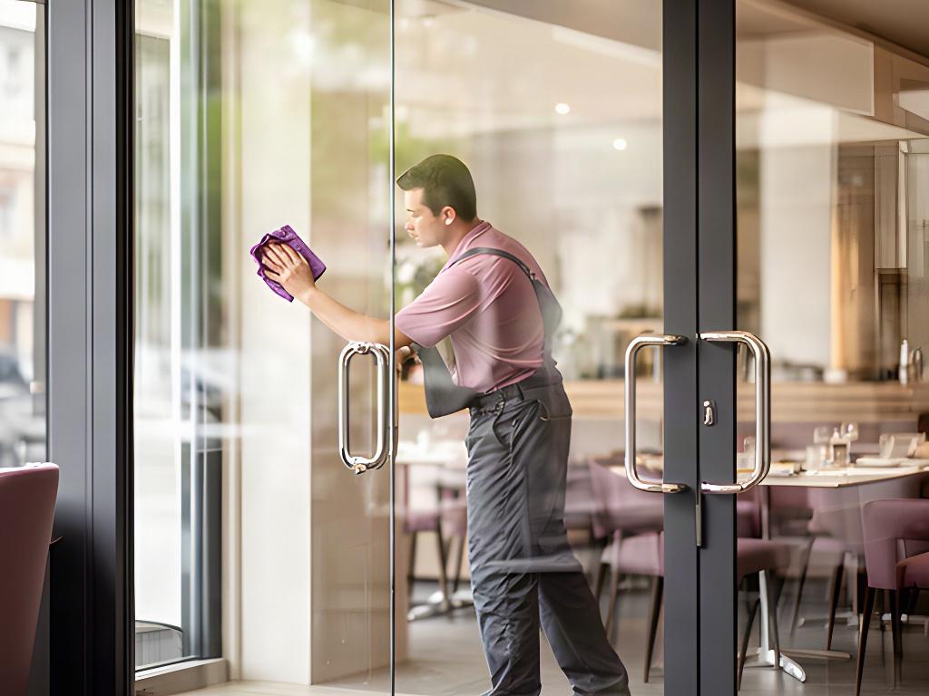 Window cleaner wiping a restaurant entry door and interior glass partition before guests arrive