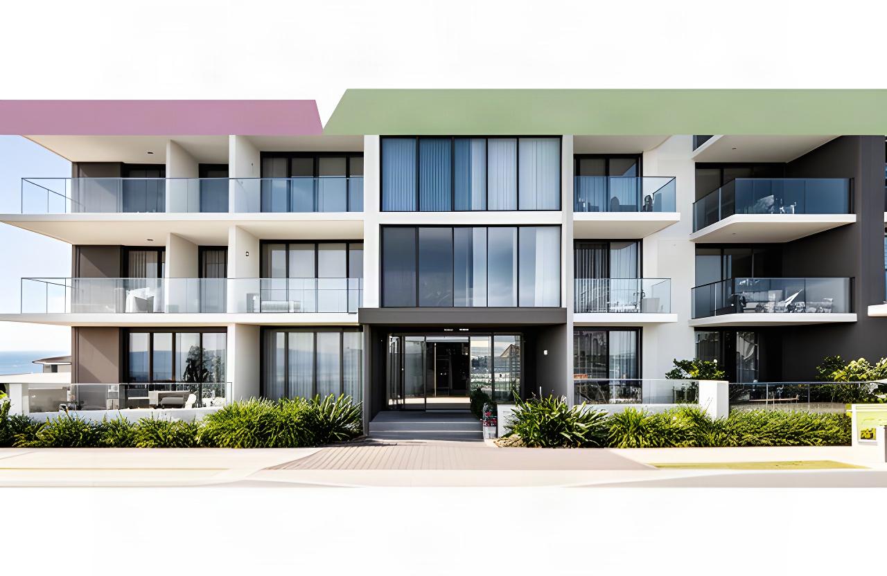 Modern Newcastle apartment building with glass balcony balustrades and shared entry glazing in clear daylight