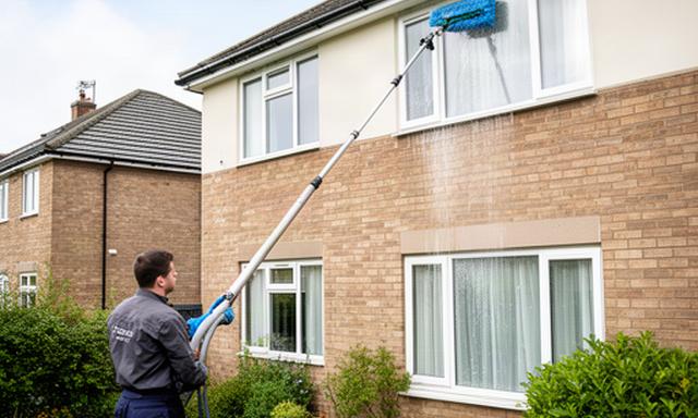 Water-fed extension pole being used to clean upper-storey windows on a Newcastle home