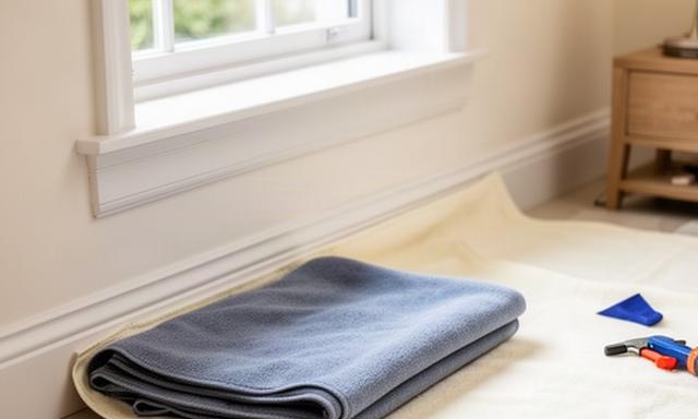 Protective cloth laid beneath a living-room window before glass and sill cleaning
